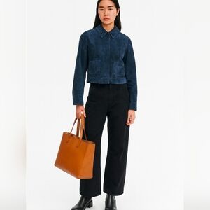 Esprit Blue Suede Cropped Jacket button down collared office casual moto